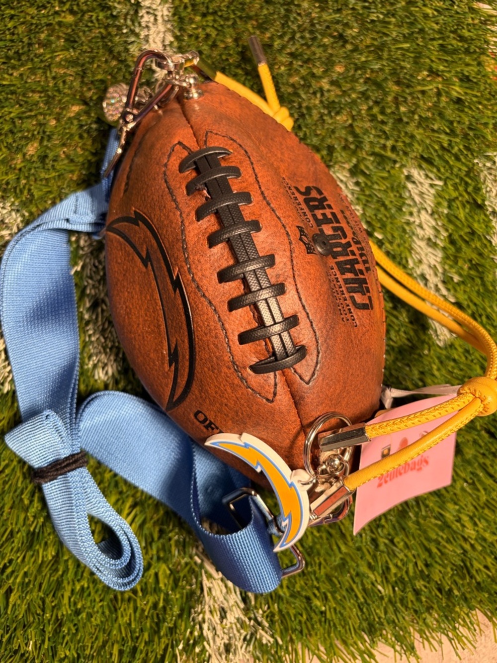 Football-Shaped  Bag with Yellow Strap. Chargers team colors